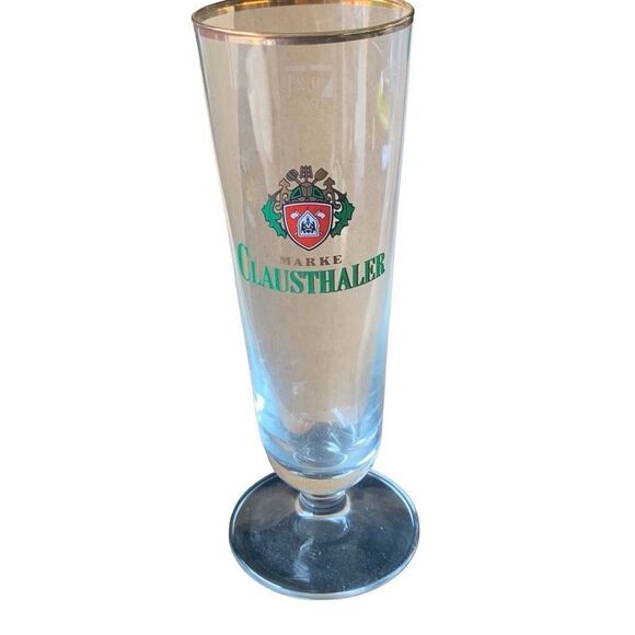Pre Owned Marke Clausthaler German Beer Gold Rim Footed Pilsner Glass Classic - Picture 1 of 12